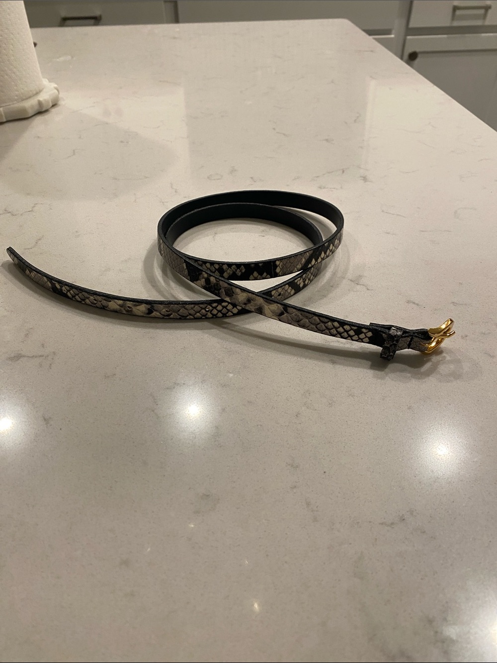 JCrew Snake-Print Skinny Leather Belt with Gold Buckle - Black/Tan